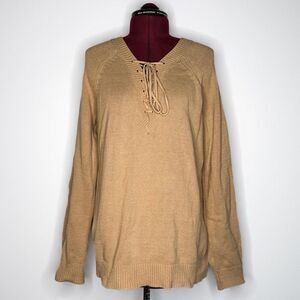 Forever 21 Light Brown Peasant Sweater Lace-up Neckline Cottagecore Medium